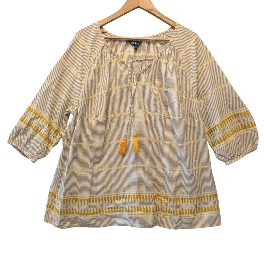 Ulla Popken Peasant Blouse Womens 20/22 Ivory Yellow Cotton Tassel Boho Top